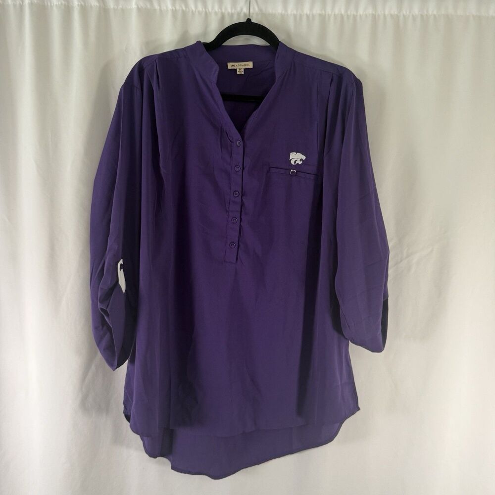 K State Blouse UG Apparel Women's 1X Purple Roll Tab Sleeve V-Neck Embroidered